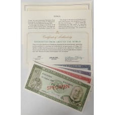 TONGA 1978 . ONE 1 - TEN 10 PA'ANGA BANKNOTES . SPECIMEN